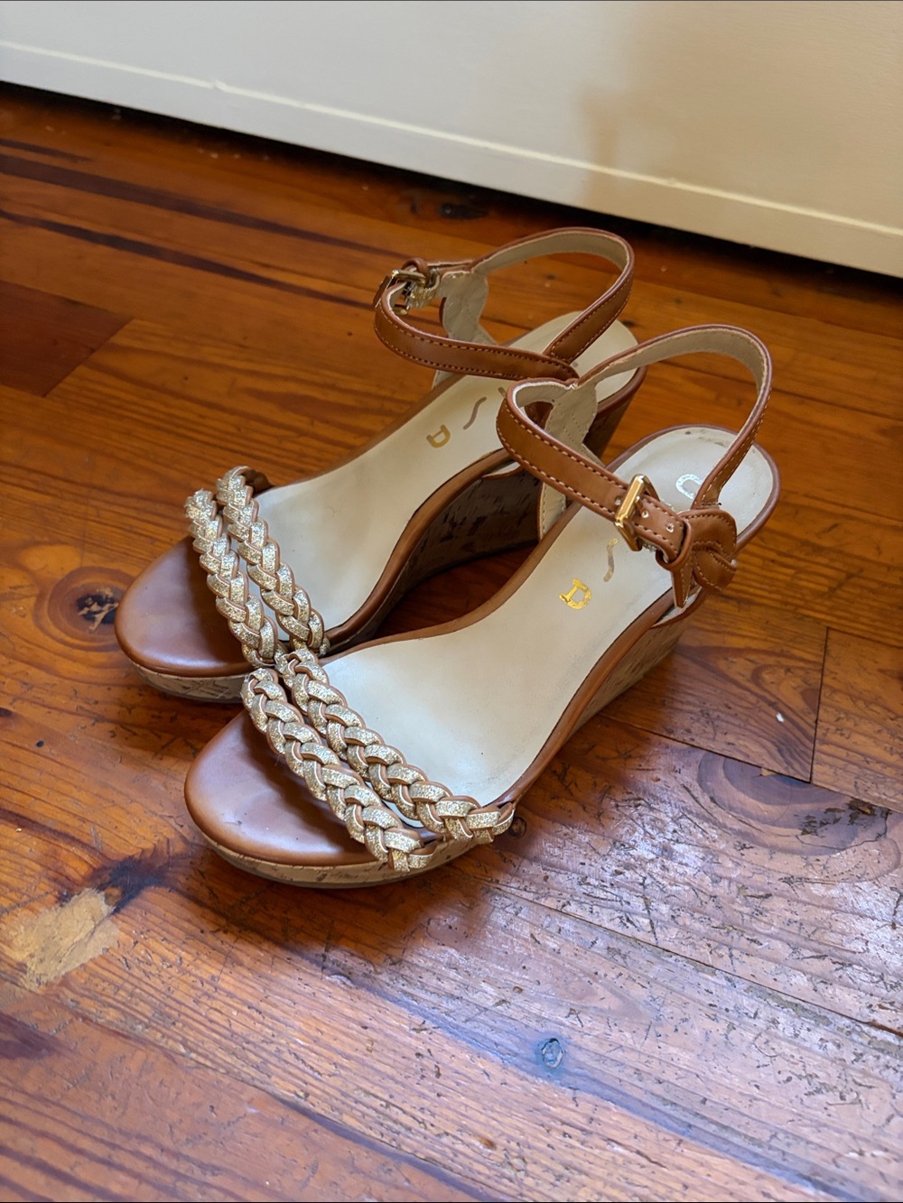 Unisa Tan Wedge Sandals with Gold Braided Straps